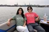 Boston Coordinates Anchor T-Shirt featuring Boston geographic coordinates and nautical anchor graphic, available in Laurel Green and Zinnia colors.
