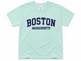 Youth Boston Massachusetts t-shirt featuring a collegiate-style graphic, available in Grey Heather, Mint, and Lavender colors, sizes XS through L.