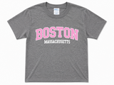 Youth Boston Massachusetts t-shirt featuring a collegiate-style graphic, available in Grey Heather, Mint, and Lavender colors, sizes XS through L.