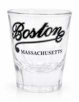 Clear jumbo shot glass featuring Boston Massachusetts artwork and classic souvenir design.