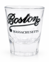 Clear jumbo shot glass featuring Boston Massachusetts artwork and classic souvenir design.