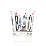 Clear Boston souvenir shot glass featuring iconic Boston landmarks incorporated into the word Boston and the slogan "I Squeezed It All In."