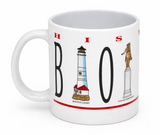 White ceramic Boston souvenir mug featuring iconic Boston landmarks incorporated into the word Boston and the slogan "I Squeezed It All In."