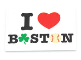 I Love Boston souvenir magnet featuring a red heart, green shamrock, and baseball-inspired design on a white background.