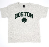 Kids Boston shamrock T-shirt in ash gray featuring classic green Boston lettering. Soft, comfortable youth tee perfect for everyday wear or Boston gifts.