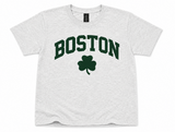 Kids Boston shamrock T-shirt in ash gray featuring classic green Boston lettering. Soft, comfortable youth tee perfect for everyday wear or Boston gifts.
