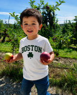 Kids Boston shamrock T-shirt in ash gray featuring classic green Boston lettering. Soft, comfortable youth tee perfect for everyday wear or Boston gifts.