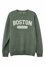 Vintage Boston sweatshirt featuring distressed lettering and a classic crewneck fit. Available in Navy, Watermelon, and Pine. Perfect Boston apparel for everyday wear.