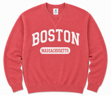 Vintage Boston sweatshirt featuring distressed lettering and a classic crewneck fit. Available in Navy and Watermelon. Perfect Boston apparel for everyday wear