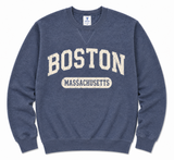 Vintage Boston sweatshirt featuring distressed lettering and a classic crewneck fit. Available in Navy and Watermelon. Perfect Boston apparel for everyday wear.