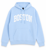 Boston arch hoodie light blue Gildan sweatshirt with white screen print.