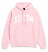 Boston arch hoodie light pink Gildan sweatshirt with white screen print.