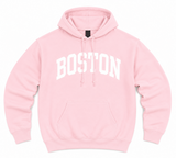 Boston arch hoodie light pink Gildan sweatshirt with white screen print.