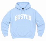 Boston arch hoodie light blue Gildan sweatshirt with white screen print.