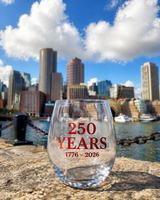 250 Years 1776-2026 stemless wine glass with patriotic red lettering
