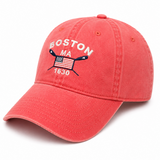 Boston MA 1630 embroidered washed cotton cap in Nantucket Red with American flag and crossed oars design