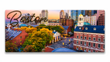 Boston Faneuil Hall and Custom House Tower panoramic magnet featuring historic marketplace and colorful Boston skyline at sunset