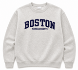 Oatmeal heather crewneck sweatshirt featuring navy appliqué Boston lettering and Massachusetts embroidery on the front.