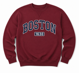 Boston appliqué crewneck sweatshirt in maroon featuring embroidered navy and white BOSTON 1630 design.