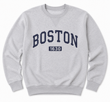 Boston appliqué crewneck sweatshirt in sport grey featuring embroidered navy and white BOSTON 1630 design.