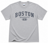 Boston Massachusetts 1630 distressed graphic T-shirt available in Heather Green, Heather Navy, Heather Maroon, and Sport Grey featuring a vintage collegiate Boston design.