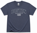 Boston Massachusetts 1630 distressed graphic T-shirt available in Heather Green, Heather Navy, Heather Maroon, and Sport Grey featuring a vintage collegiate Boston design.