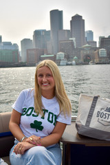 Gildan Ash gray Boston Shamrock T-Shirt featuring green collegiate Boston lettering and shamrock graphic on a classic unisex tee.