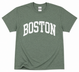 Gildan Boston Vintage Arch T-Shirt featuring distressed white collegiate-style Boston lettering, available in Heather Green and Heather Navy, adult sizes S through 2XL