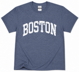 Gildan Boston Vintage Arch T-Shirt featuring distressed white collegiate-style Boston lettering, available in Heather Green and Heather Navy, adult sizes S through 2XL
