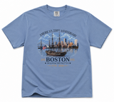 Comfort Colors Boston 250th Anniversary t-shirt featuring a historic tall ship sailing in Boston Harbor with city skyline artwork and commemorative 1776-2026 design.