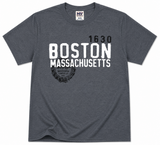 Charcoal gray MV Sport t-shirt featuring distressed white "Boston Massachusetts" lettering, Boston City Seal graphic, and 1630 founding date.