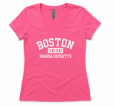 Women's fitted Boston 1630 V-neck T-shirt by Ideal T by Next Level in Hot Pink and Purple featuring distressed Boston Massachusetts lettering.