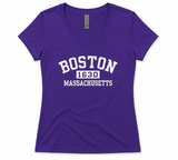 Women's fitted Boston 1630 V-neck T-shirt by Ideal T by Next Level in Hot Pink and Purple featuring distressed Boston Massachusetts lettering.