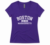Women's fitted Boston 1630 V-neck T-shirt by Ideal T by Next Level in Hot Pink and Purple featuring distressed Boston Massachusetts lettering.