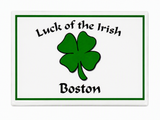 Luck of the Irish Boston souvenir magnet featuring a green shamrock and Celtic-inspired lettering on a white background.