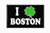Black Boston souvenir magnet featuring a green shamrock and bold white Boston lettering.