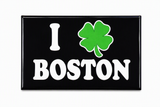 Black Boston souvenir magnet featuring a green shamrock and bold white Boston lettering.