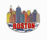 Colorful Boston skyline souvenir magnet featuring detailed city buildings, harbor-inspired accents, and bold Boston lettering.