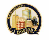 Boston skyline souvenir magnet featuring colorful city landmarks with navy blue and gold-tone accents on a white background.