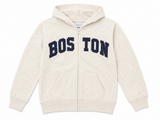 Youth oatmeal heather full zip hoodie featuring navy appliqué BOSTON lettering, attached hood, front pouch pockets, and rib-knit cuffs. Available in kids sizes XS through L.