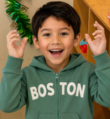 Kids Fenway Green full zip hoodie with white appliqué BOSTON lettering, attached hood, and front pouch pockets. Available in youth sizes XS through L.