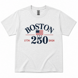 Boston 250 commemorative adult Gildan t-shirt featuring patriotic American flag graphic, available in Ash, Sport Grey, White, and Navy, sizes S through 2X.