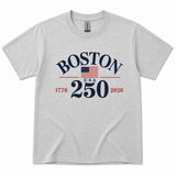 Boston 250 commemorative adult Gildan t-shirt featuring patriotic American flag graphic, available in Ash, Sport Grey, White, and Navy, sizes S through 2X.
