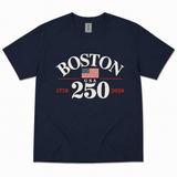 Boston 250 commemorative adult Gildan t-shirt featuring patriotic American flag graphic, available in Ash, Sport Grey, White, and Navy, sizes S through 2X.