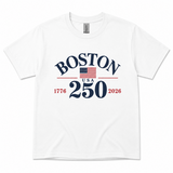 Boston 250 commemorative adult Gildan t-shirt featuring patriotic American flag graphic, available in Ash, Sport Grey, White, and Navy, sizes S through 2X.