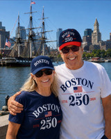 Boston 250 commemorative adult Gildan t-shirt featuring patriotic American flag graphic, available in Ash, Sport Grey, White, and Navy, sizes S through 2X.