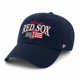 '47 Brand navy Clean Up adjustable baseball cap featuring embroidered Boston baseball-inspired graphics with patriotic red, white, and blue accents on a white background.