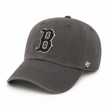 '47 Brand charcoal gray Clean Up adjustable baseball cap featuring a black embroidered B with cream outline and curved visor on a white background.