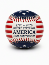Patriotic commemorative baseball featuring red white and blue stars and stripes design with 1776-2026 anniversary artwork.