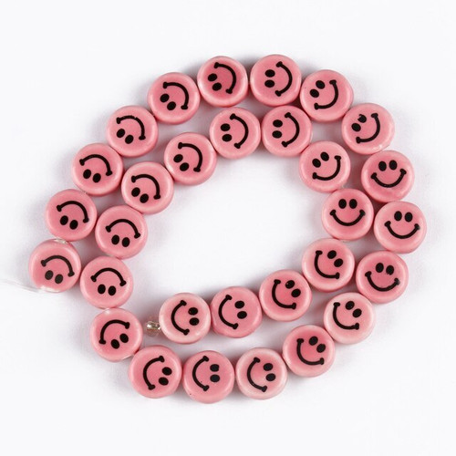 Ceramic Smiling Face Beads - Pink - (10 Pcs)